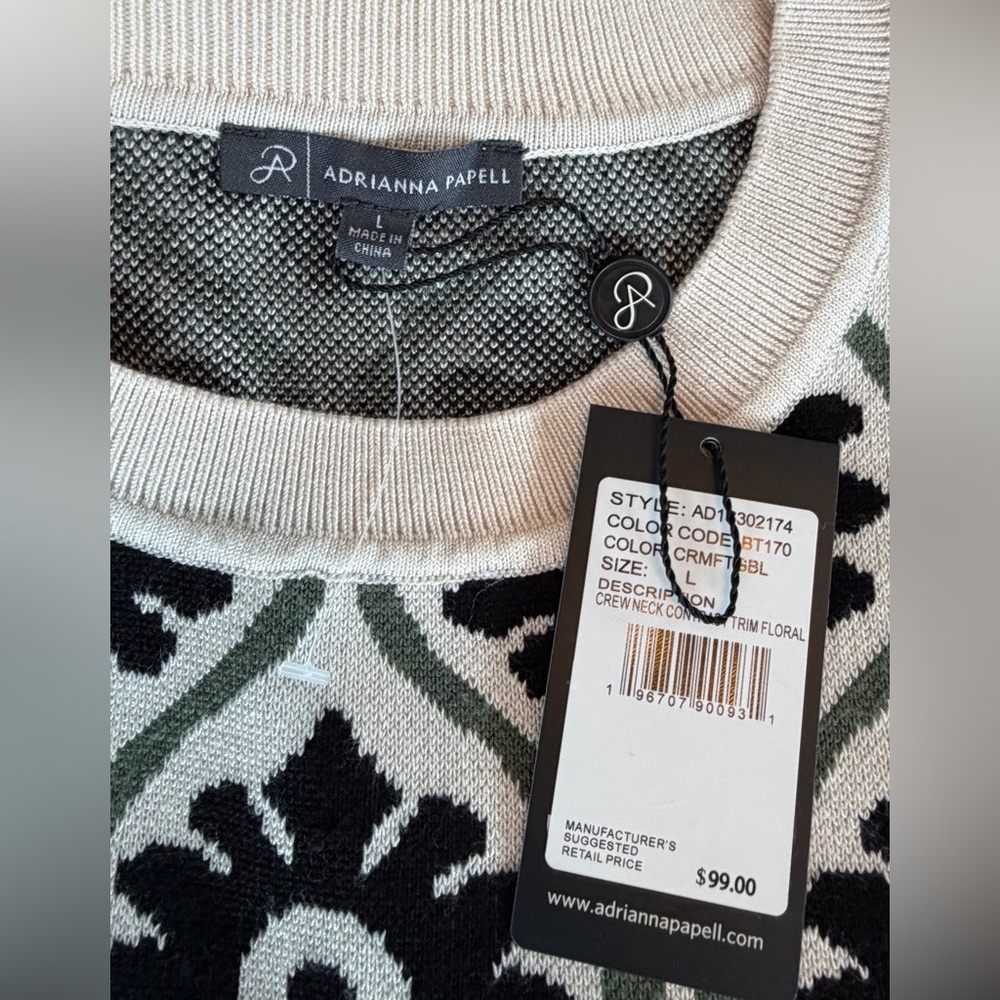 Adrianna Papell Cream Black Olive Floral Jacquard Sweater Crewneck Women L NEW - Picture 3 of 8